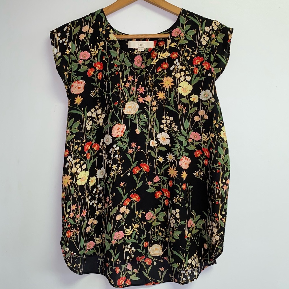 Whimsical floral LOFT TOP with cap sleeve
